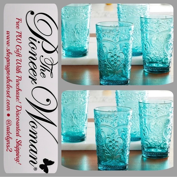 🌺 New Pioneer Woman Amelia Teal Blue Embossed Glass Tumblers, Set of 8 - Picture 4 of 9